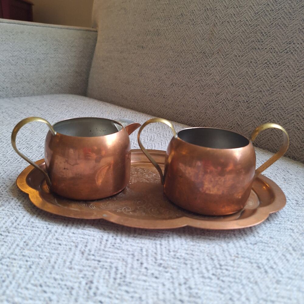 Vintage Copper and Brass Cream Sugar & Tray Set - Coppercraft Guild unpolished